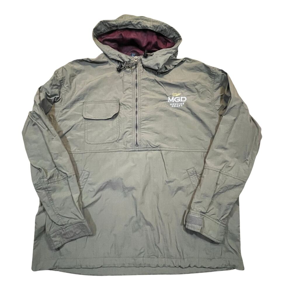 VTG Miller MGD Beer Men L 1/2‎ Zip Pullover Jacket Dunbrooke Hooded Windbreaker